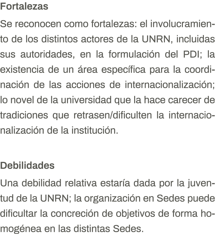 Fortalezas Se reconocen como fortalezas: el involucramiento de los distintos actores de la UNRN, incluidas sus autori   