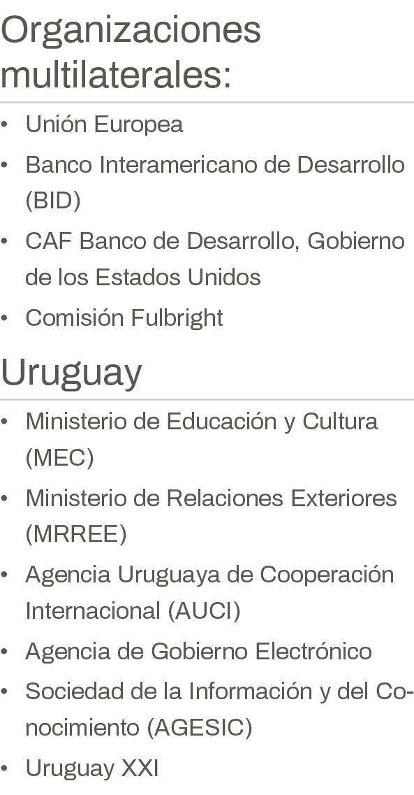 Organizaciones multilaterales: Unión Europea Banco Interamericano de Desarrollo (BID) CAF Banco de Desarrollo, Gobier   