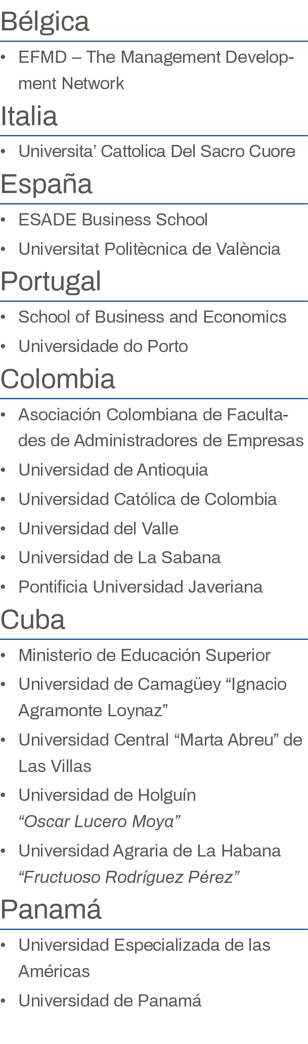 Bélgica EFMD   The Management Development Network Italia Universita  Cattolica Del Sacro Cuore España ESADE Business    